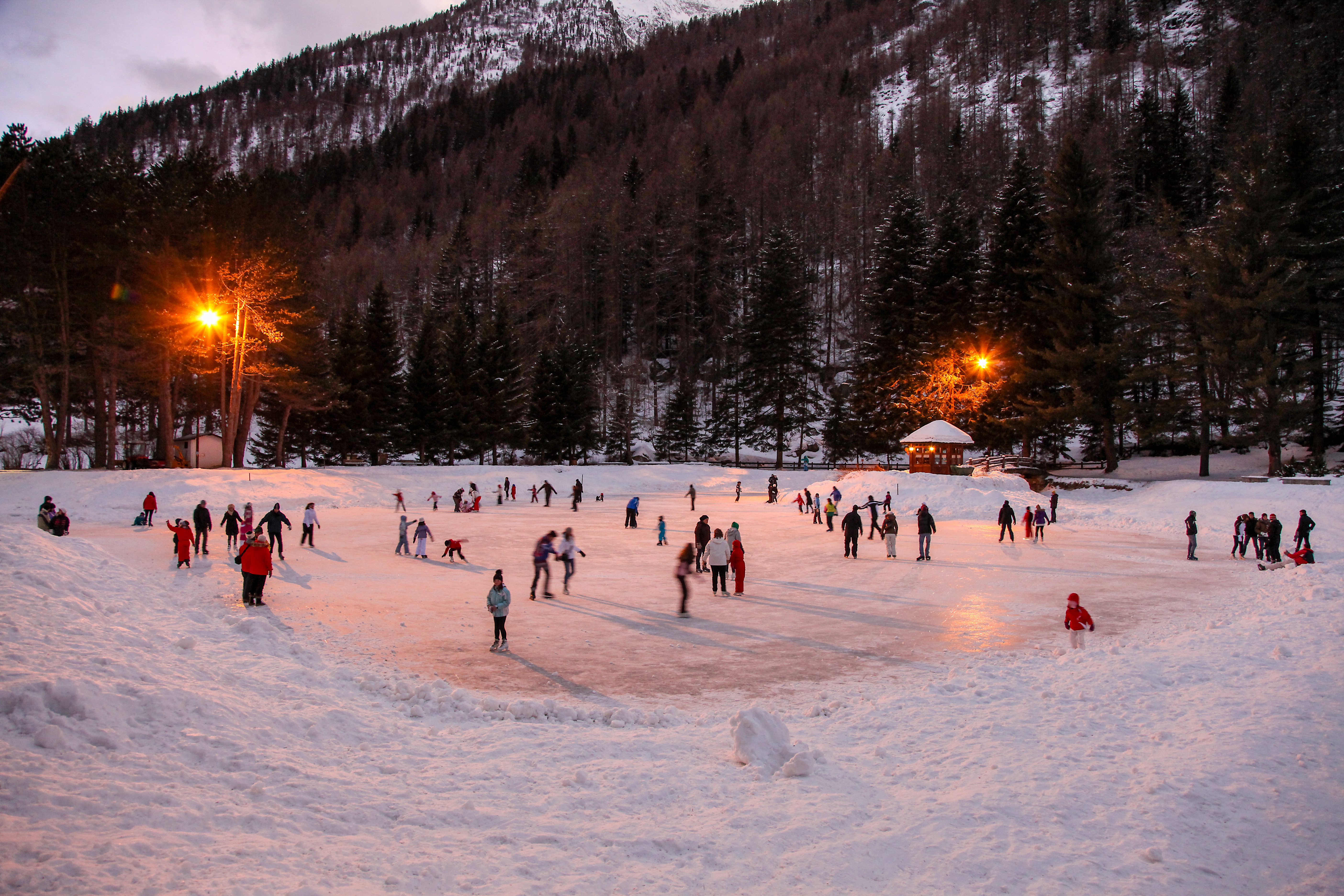 The ice-skating rink at sunset