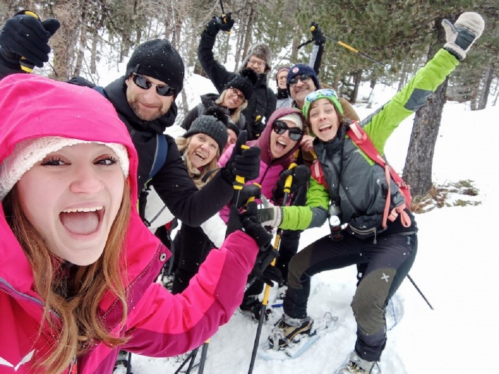 In the woods on snowshoes