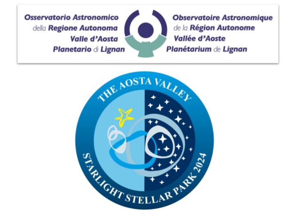 In alto, logo ufficiale della Fondazione Clément Fillietroz-ONLUS che gestisce l’Osservatorio Astronomico della Regione Autonoma Valle d’Aosta e il Planetario di Lignan; in basso, logo ufficiale dello Starlight Stellar Park della Valle d’Aosta.