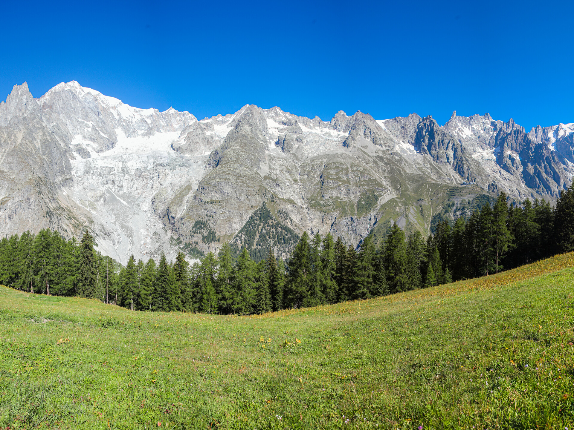 La catena del Monte Bianco vista da Pré de Pascal di Courmayeur